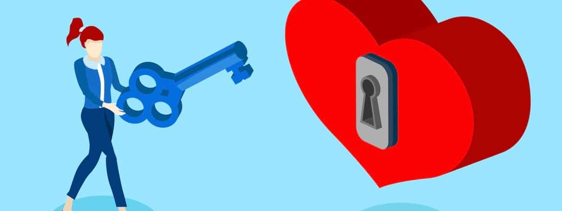 Blue background with girl finds key to heart. Vector 3d infographic illustration.