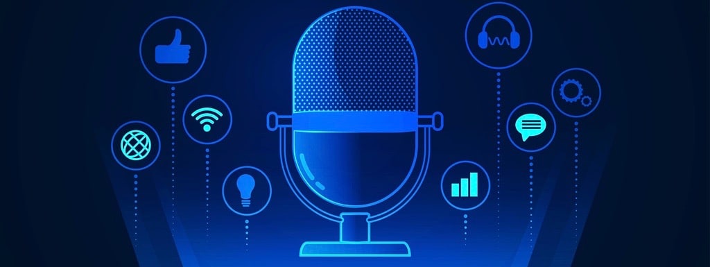 concept of podcast technology, graphic of microphone with digital device