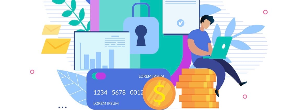 Account and Online Banking Protection. Global Security Service for Safe Money Operation, World Finance Transaction. Men Use Modern Secure App on Laptop. Vector Coins, Globe, Credit Card Illustration (Account and Online Banking Protection. Global Secur