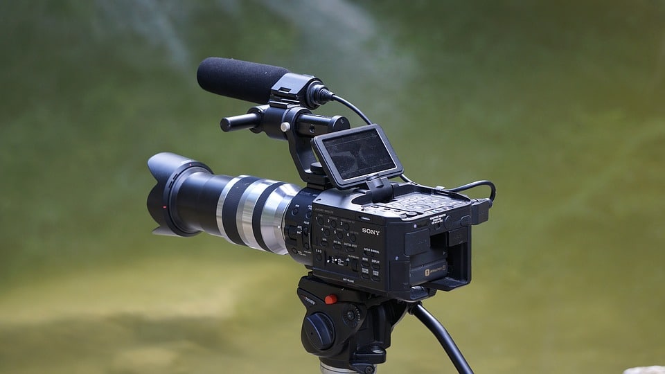 Large, professional Sony camera set on a tripod.