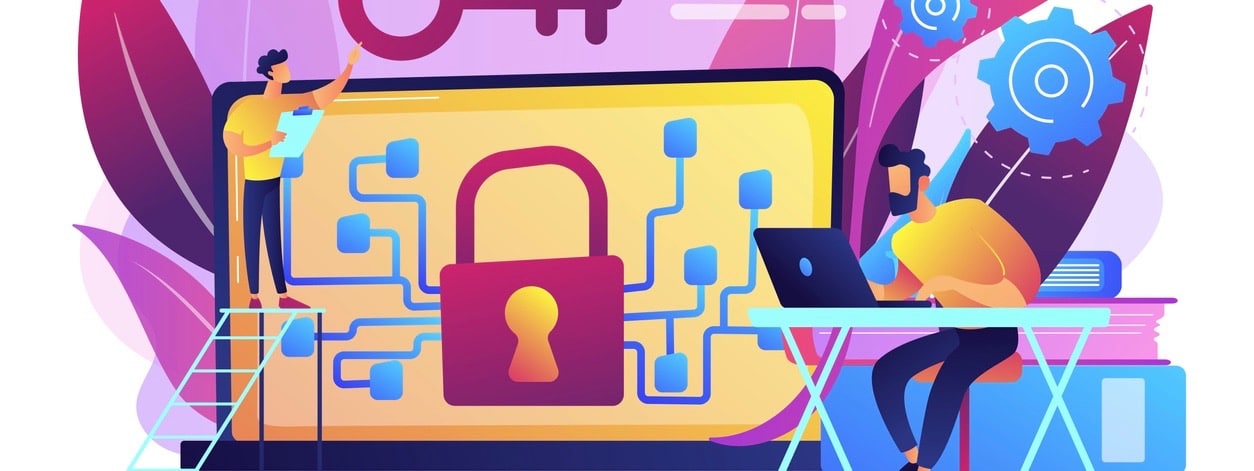 Personal digital security. Defence, protection from hackers, scammers. Data breaches, data leakage prevention, encryption for databases concept. Bright vibrant violet vector isolated illustration (Personal digital security. Defence, protection from ha