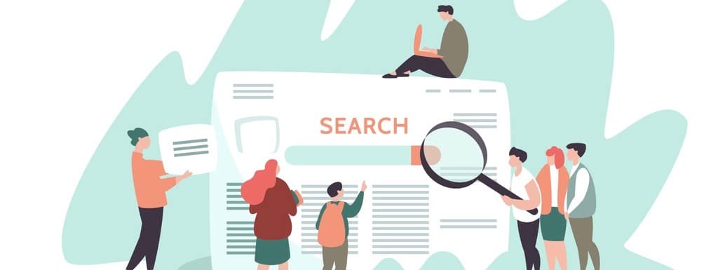 Vector illustration of small people and search engine result page . Concept search engines, seo, marketing