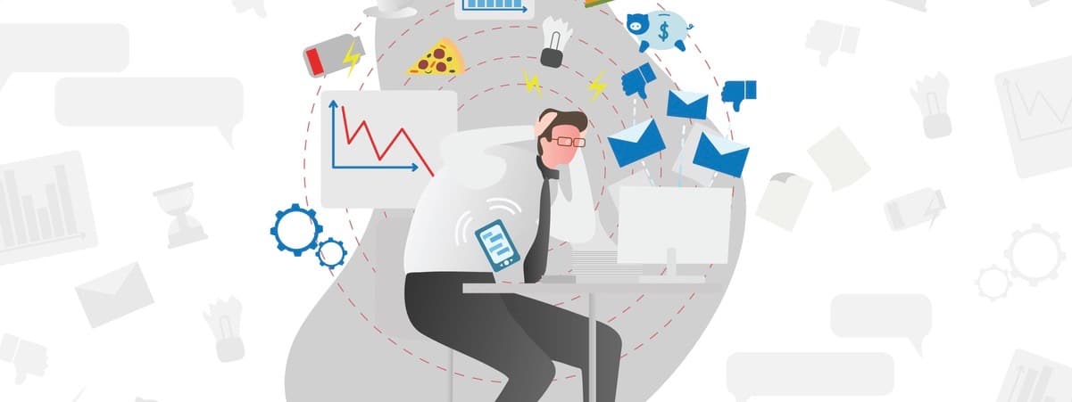 Stress causes vector illustration. Busy men in office with documents and computer stressing about low battery, deadlines, money, junk food, charts and indicators. Modern society problem in work or job (Stress causes vector illustration. Busy men in of