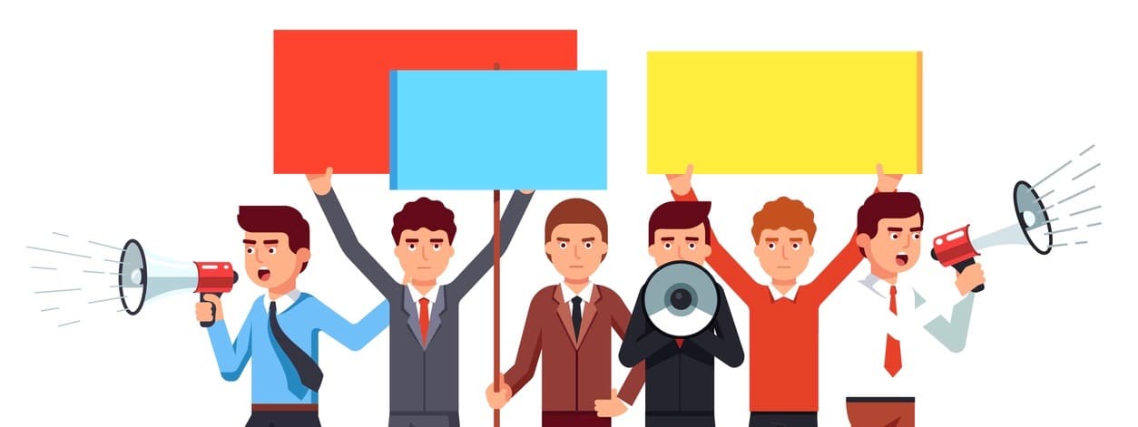 Political agitator business men crowd shouting with loud speakers and holding placards. Protesting people on demonstration. Flat style vector illustration isolated on white background. (Political agitator business men crowd shouting with loud speakers