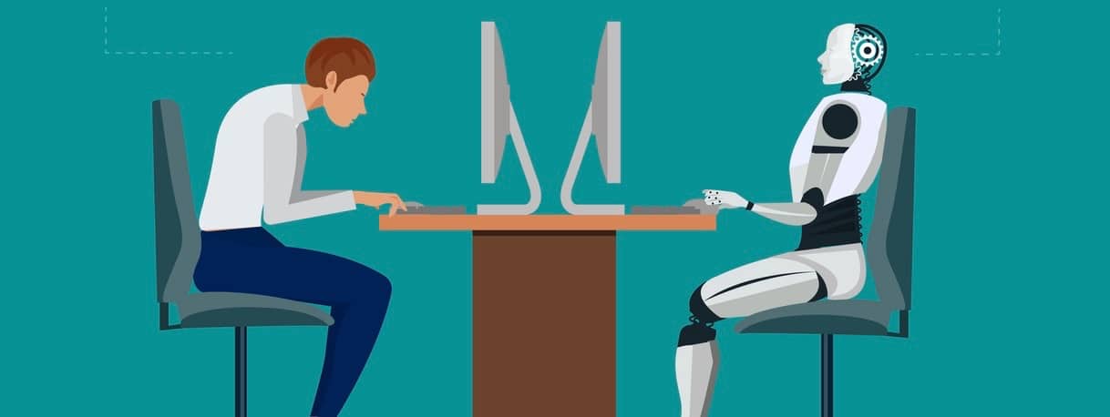 Robot vs man. Human humanoid robot work with laptops at desk.