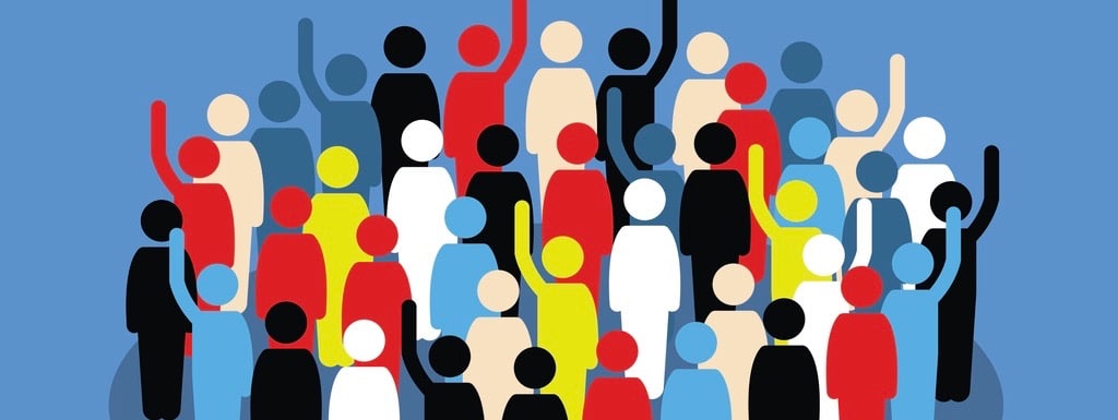 Vector artwork depicts society, differences, democracy, and public voting.