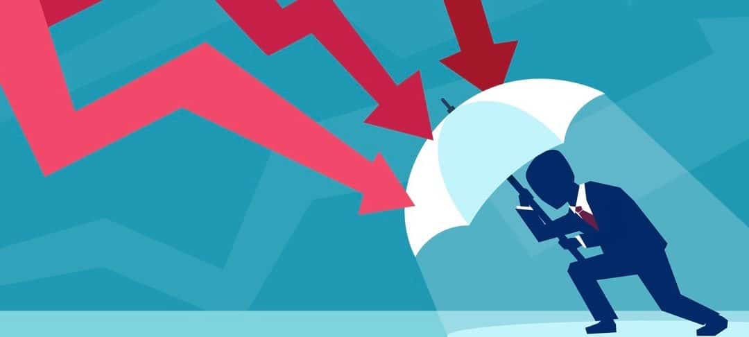 Vector of a businessman with umbrella resisting protecting himself from falling red arrows as a symbol of unfavorable business environment