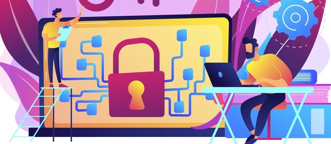 Personal digital security. Defence, protection from hackers, scammers. Data breaches, data leakage prevention, encryption for databases concept. Bright vibrant violet vector isolated illustration (Personal digital security. Defence, protection from ha