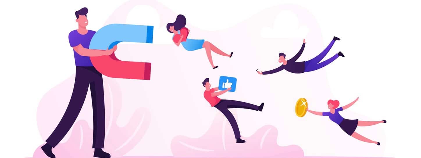 Social Media Concept. Man Holding Huge Magnet Attracting Likes, Feedback and Followers in Internet. Smm Influencer Strategy, Advertising Promotion Management Service. Cartoon Flat Vector Illustration (Social Media Concept. Man Holding Huge Magnet Attr