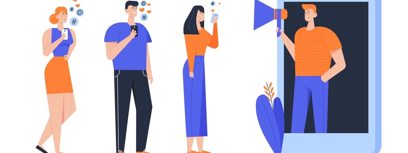 Influencer Marketing Social Media or Network Promotion, Smm Blogging Concept. Man with Megaphone on Screen and Young People with Mobile Phones. Internet Advertisement Cartoon Flat Vector Illustration (Influencer Marketing Social Media or Network Promo