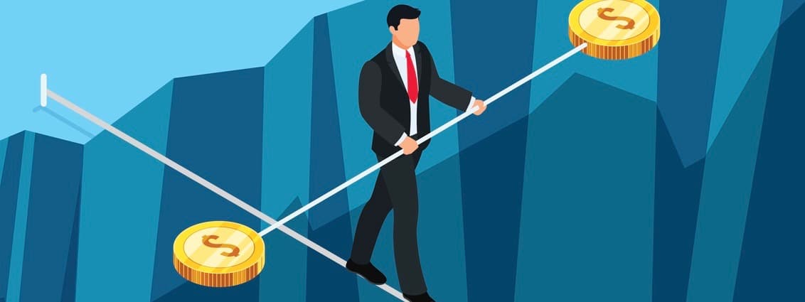 Isometric business concept of financial risks. 3d businessman walking through the abyss on the rope. Vector illustration.