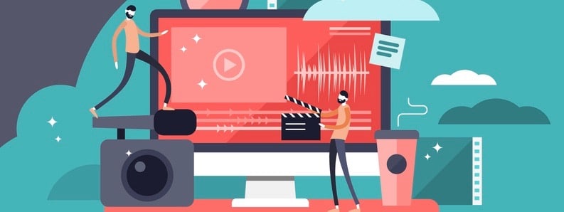 Video editor tiny persons vector illustration landing page template design. Professional film or movie production technology equipment for studio. Director and journalist scene for teamwork deadline. (Video editor tiny persons vector illustration land