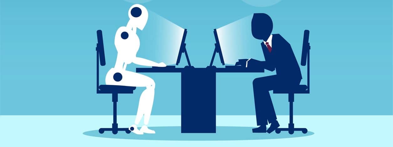 Vector of a man working with a robot sitting at table. Symbol of future cooperation and technology advance