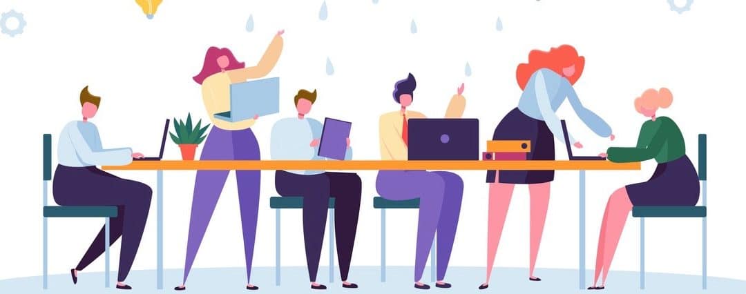 Office Team Character Brainstorm Work Conference. Business People Group Meeting at Desk Laptop with Brain Symbol above. Corporate Project Creative Teamwork Flat Cartoon Vector Illustration (Office Team Character Brainstorm Work Conference. Business Pe
