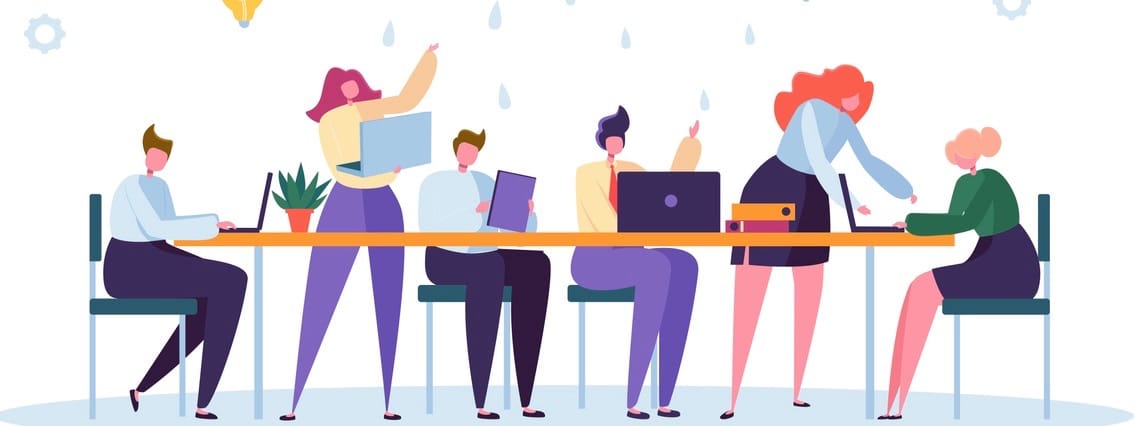 Office Team Character Brainstorm Work Conference. Business People Group Meeting at Desk Laptop with Brain Symbol above. Corporate Project Creative Teamwork Flat Cartoon Vector Illustration (Office Team Character Brainstorm Work Conference. Business Pe