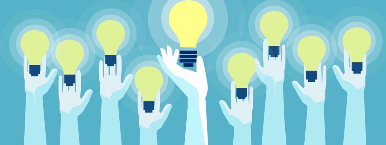 Concept of great ideas competition. Vector of multiple hands holding bright lightbulbs.