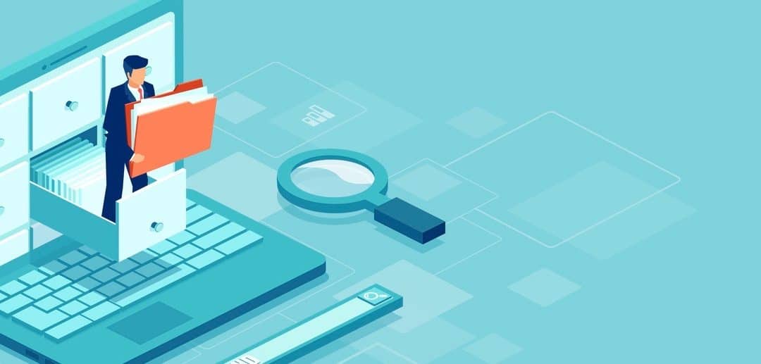 Isometric concept of database. Vector of a businessman holding a folder with documents from the archive managing online digital database