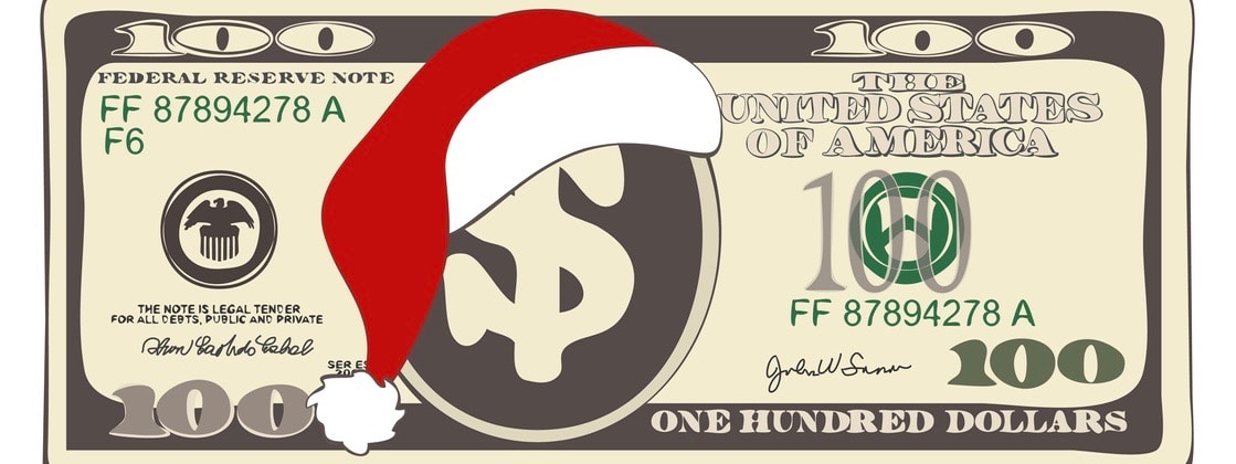 dollar bill with santa hat