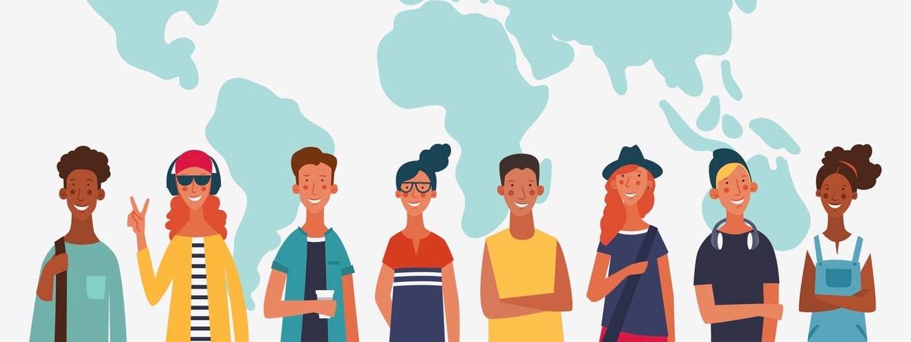 Group of young people with world map. Communication, teamwork and connection vector concept