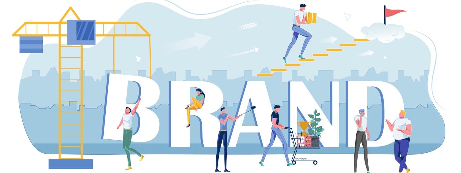 Banner Successful Teamwork, Brand Building, Slide. Guys and Girls in Sportswear are Standing on Background Large Letters. Construction Crane Sets Inscription. Man Climbs Stairs to Goal. (Banner Successful Teamwork, Brand Building, Slide. Guys and Girl