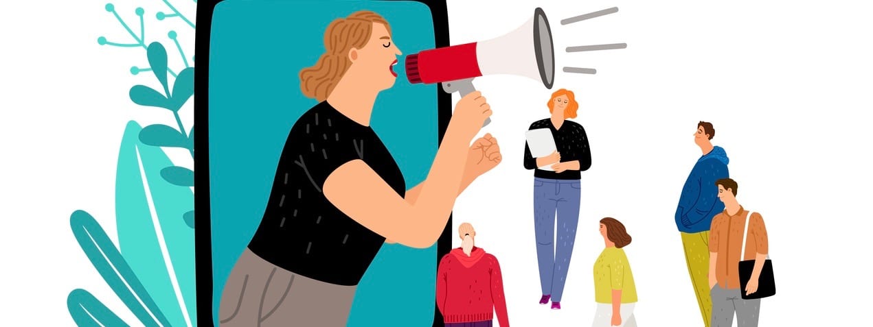 Woman with megaphone. Social media marketing, mobile promotion vector concept with tiny people