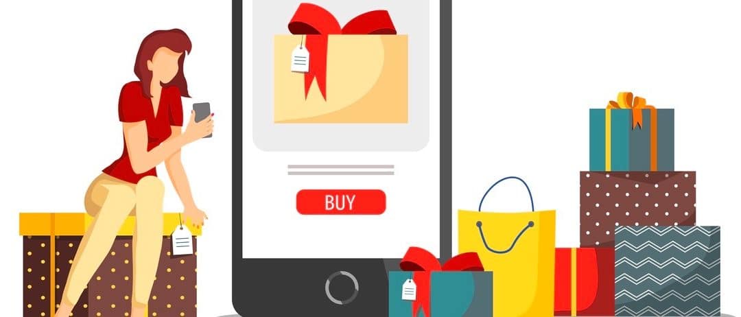Holiday gifts, Shopping application, Mobile apps, Store, E-shop and E-commerce concept. Woman with phone choosing gifts. Vector illustration for poster, banner, flyer, brochure, presentation.