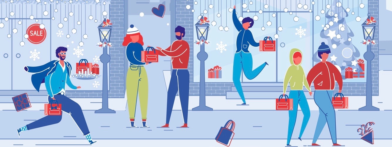 Cartoon People with Shopping Bag Buy Presents for Christmas Holiday. Snowy City Street with Decorated Shop Windows Vector Illustration. Christmas Sale, New Year Discount, Winter Seasonal Offer (Cartoon People with Shopping Bag Buy Presents for Christm