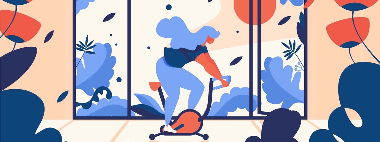 Sport vector illustration with young woman riding exercise stationary bike in room full of leaves and flowers. Large window with open door. Bright training interior scene in blue and orange colors. (Sport vector illustration with young woman riding ex