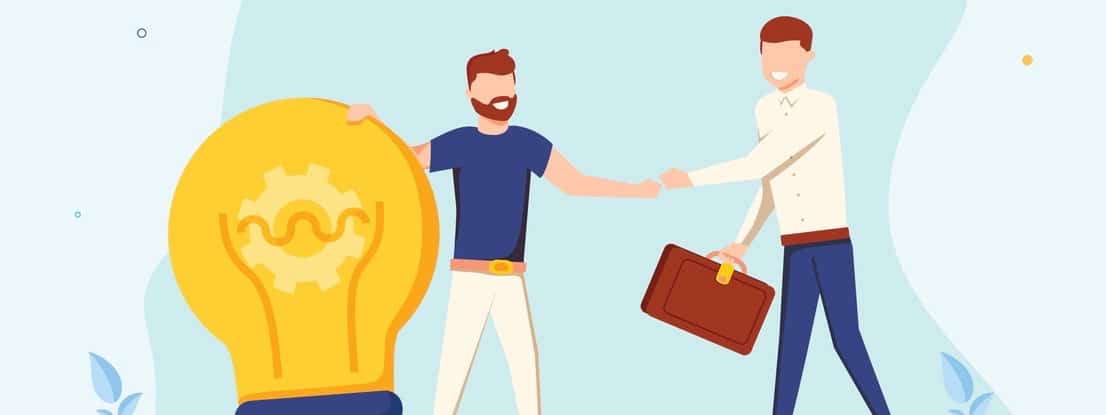 The man is holding a huge light bulb and shaking hands with a businessman with briefcase. Startup and search of investments concept. Business angel investing to innovational idea. Vector illustration. (The man is holding a huge light bulb and shaking