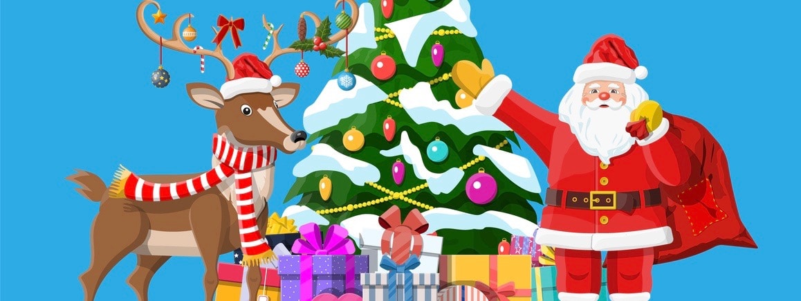 Santa claus with bag full of gifts and his reindeer. Happy new year decoration. Merry christmas holiday. Decorated fir tree with gift boxes. New year and xmas celebration. Flat vector illustration (Santa claus with bag full of gifts and his reindeer.