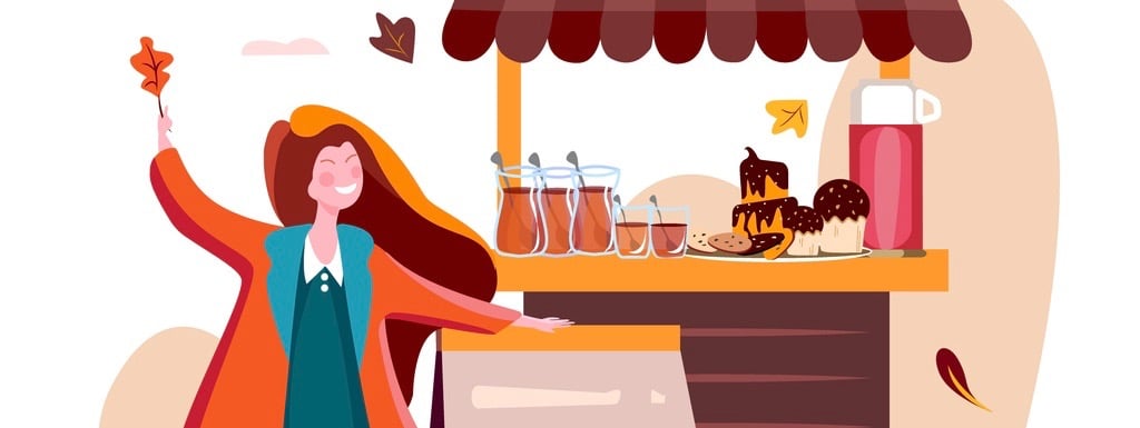 Cute friendly girl inviting customers to her fair shop to taste hot drinks and sweet bakery products. Small business shop start up. Hot tea and cupcakes stall . Vector flat design illustration. (Cute friendly girl inviting customers to her fair shop t