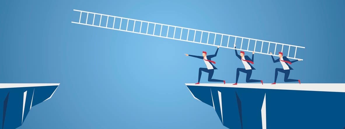 Business team using ladder to cross through the gap between hill. Business Teamwork ,risk and success concept. Cartoon Vector Illustration.