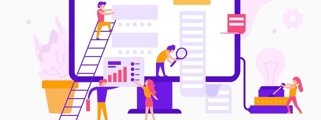Small people around a monitor make a web site infographic. Teamwork business concept. Business workers together in minimal design vector flat illustration (Small people around a monitor make a web site infographic. Teamwork business concept. Business