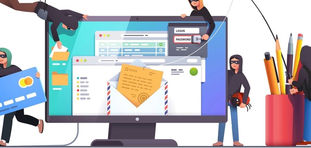 Hackers and cyber criminals phishing stealing private personal data, credentials, password, bank document email and credit card. Small anonymous hacker man attacking computer. Flat style vector isolated illustration