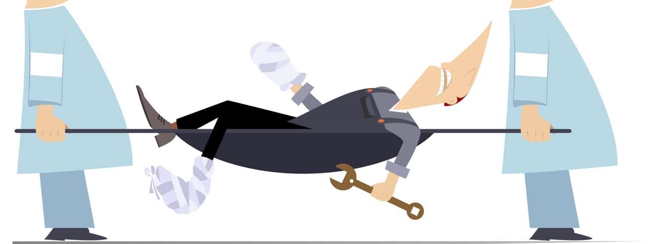 Injured worker and two physicians with stretcher illustration