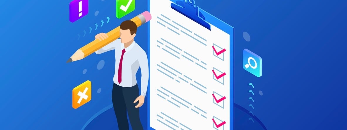 Isometric businessman with checklist and to do list. Clipboard with a checklist. Project management, planning and keeping score of the completed tasks concept (Isometric businessman with checklist and to do list. Clipboard with a checklist. Project ma