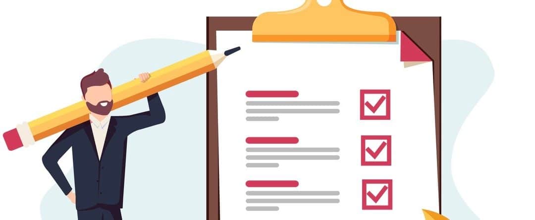 Positive business man with a giant pencil on his shoulder nearby marked checklist on a clipboard paper. Successful completion of business tasks. Flat vector illustration. Bsuiness brief, office life (Positive business man with a giant pencil on his sh