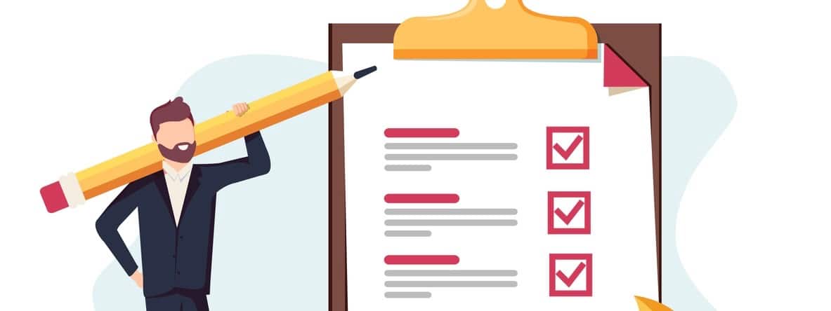 Positive business man with a giant pencil on his shoulder nearby marked checklist on a clipboard paper. Successful completion of business tasks. Flat vector illustration. Bsuiness brief, office life (Positive business man with a giant pencil on his sh
