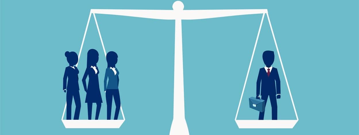 Gender discrimination and inequality in corporate life concept. Vector of one businessman balancing three businesswomen on a scale. Sex inequality symbol.