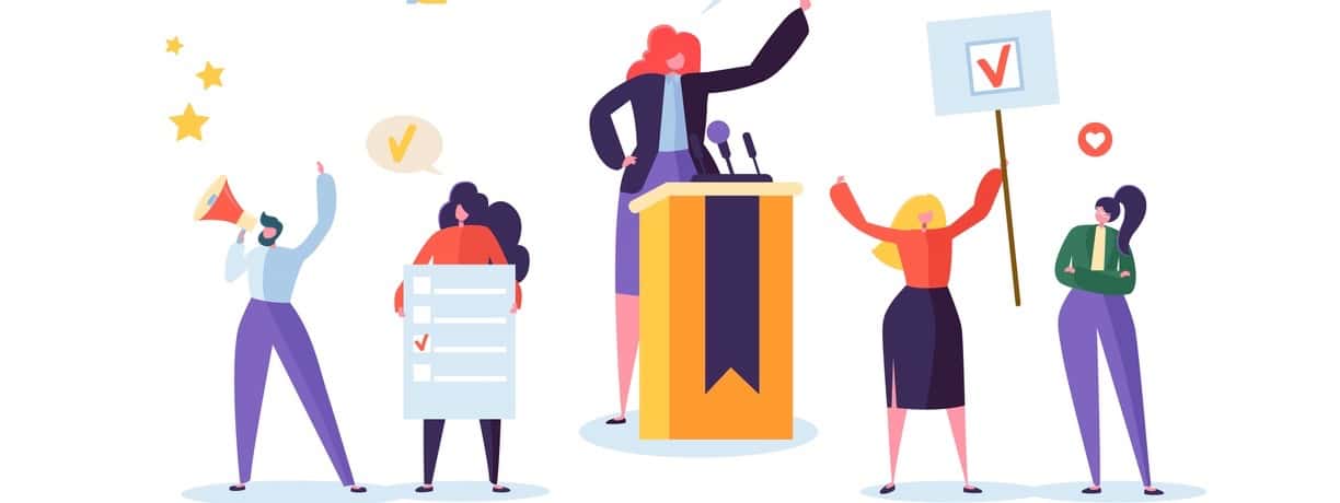 Political Meeting with Female Candidate in Speech. Election Campaign Voting with Characters Holding Vote Banners and Signs. Man and Woman Voters with Megaphone. Vector illustration (Political Meeting with Female Candidate in Speech. Election Campaign
