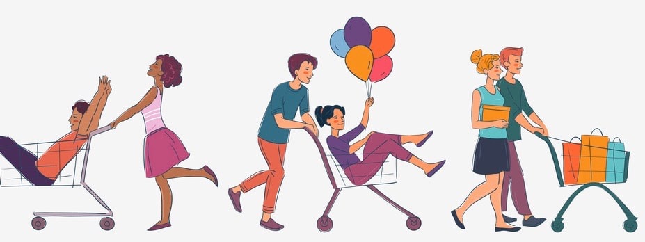 Young couple having fun with shopping cart