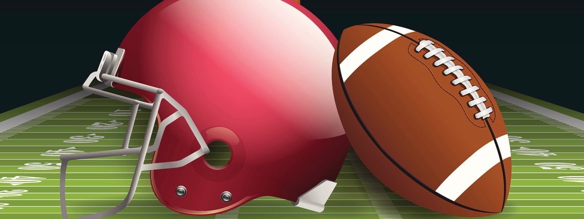 Vector illustration of an american football helmet, ball, and field. EPS 10. File contains transparencies and gradient mesh.