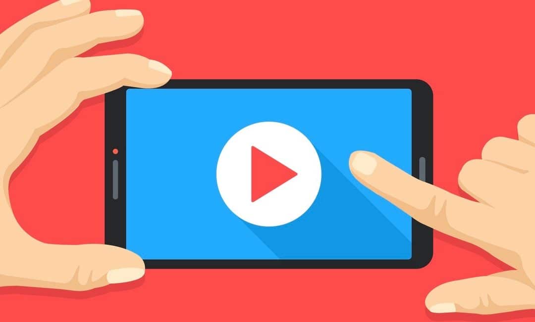 Mobile video. Human hands holding smartphone with online video player on screen. Mobile phone with play button. Modern flat design. Vector illustration