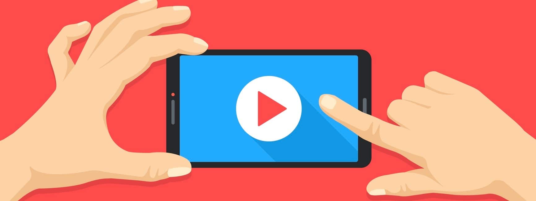 Mobile video. Human hands holding smartphone with online video player on screen. Mobile phone with play button. Modern flat design. Vector illustration