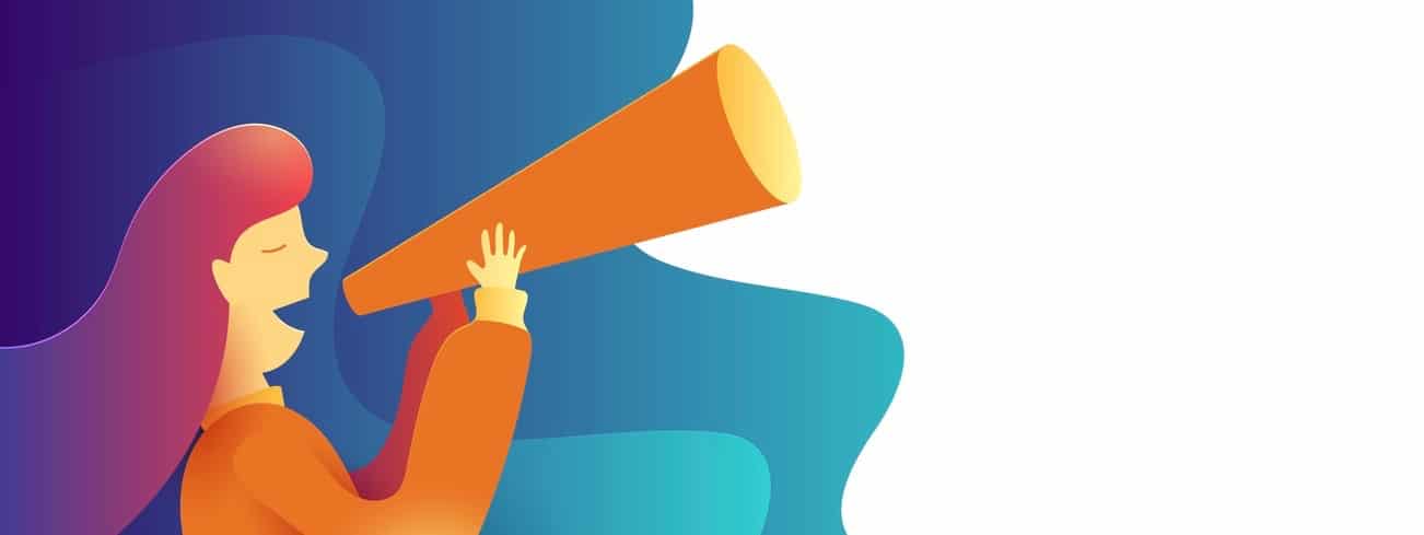 Women making some announcement in a paper trumpet. Advertisement Promo Marketing Concept. Creative flat design for web banner and online advertising. Vector illustration.