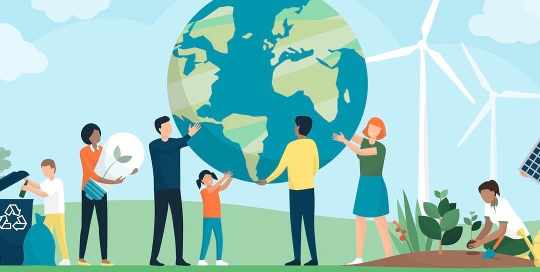 Multiethnic group of people cooperating for environmental protection and sustainability