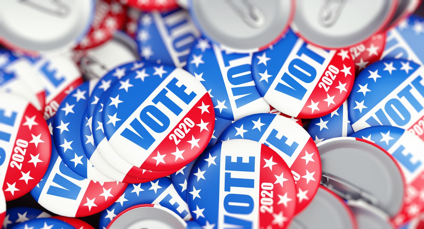 vote election badge button for 2020 background, vote USA 2020, 3D illustration, 3D rendering