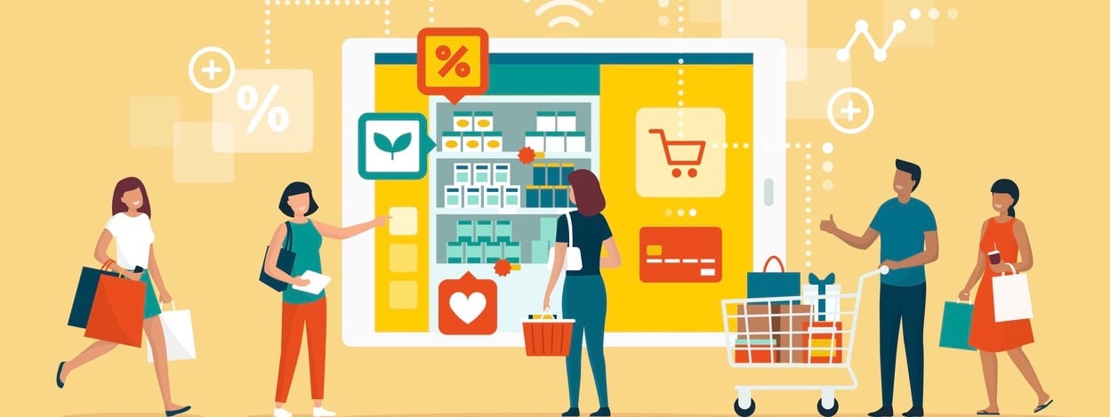 Happy people doing grocery shopping online and shopping smartphone app