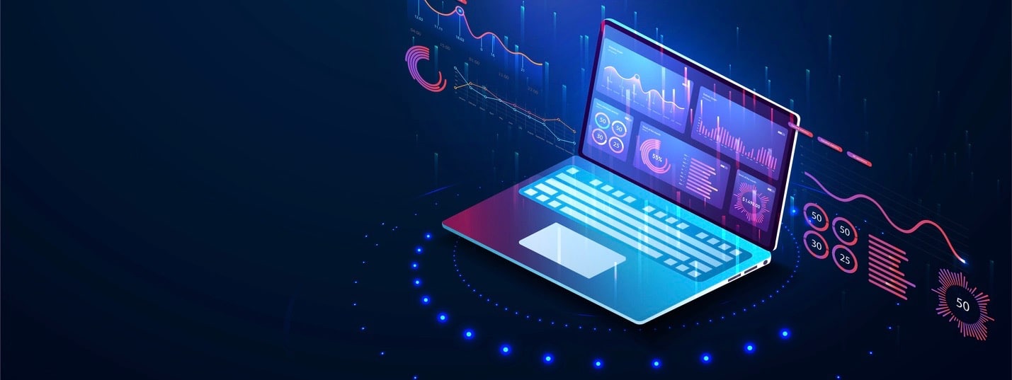 Application of laptop with business graph and analytics data on isometric laptop .