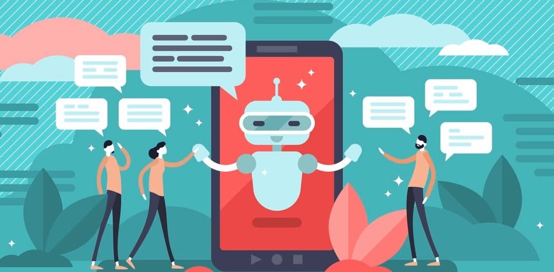 Mini persons talk with digital robot concept.